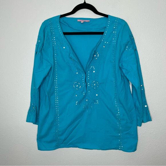 Calypso St. Barth Aqua Blue 3/4 Sleeve Embroidered Cotton Tunic Women's size M - Picture 1 of 8